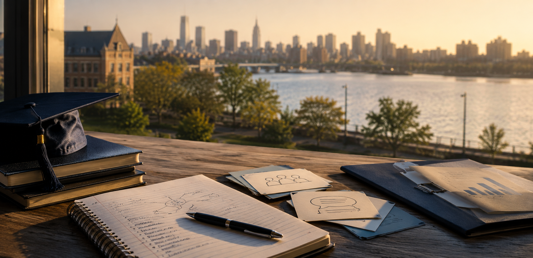 College and business communication materials with city skyline and river view