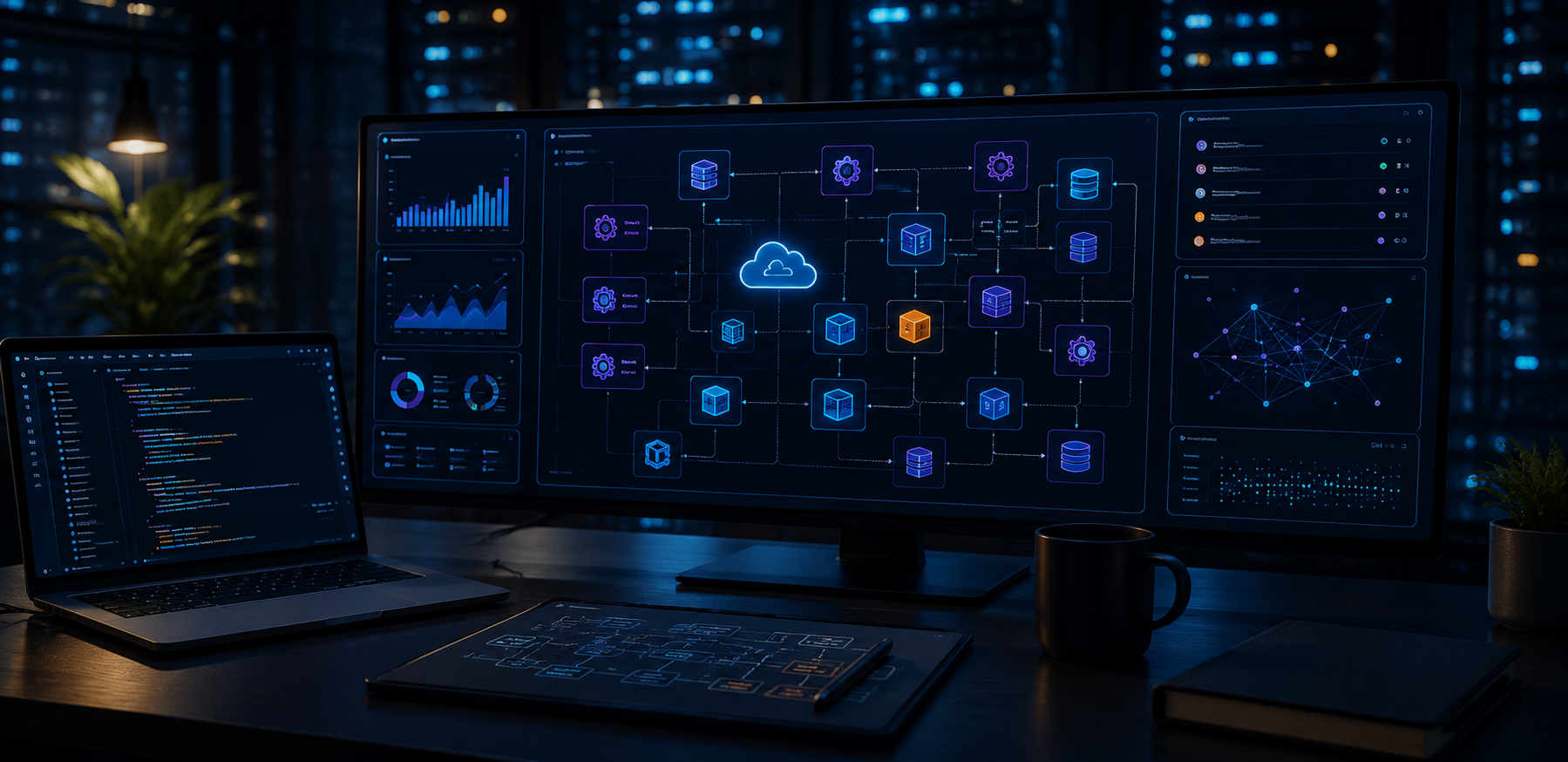 Abstract system dashboard with connected data and cloud workflow elements