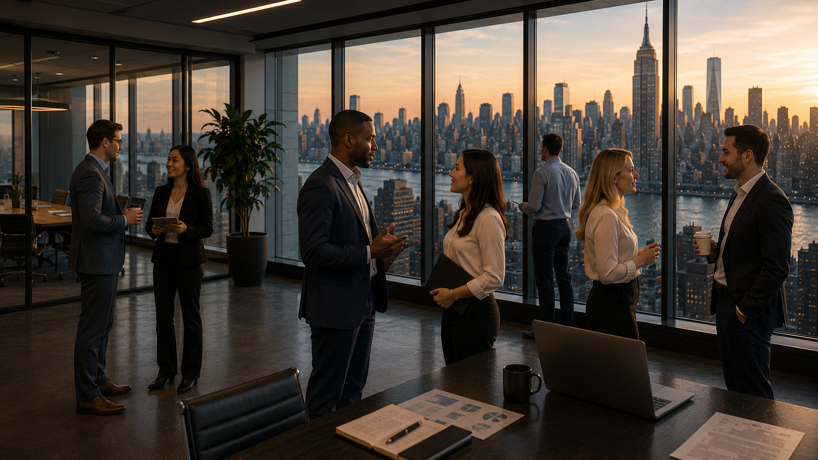 Professionals talking in a modern office with city skyline views