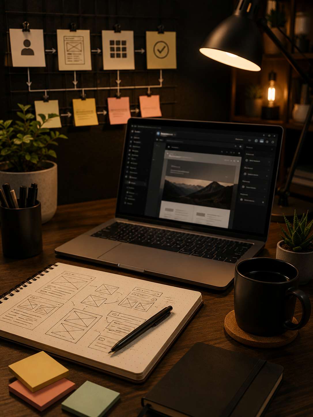 Website planning workspace with notes, wireframes, and laptop