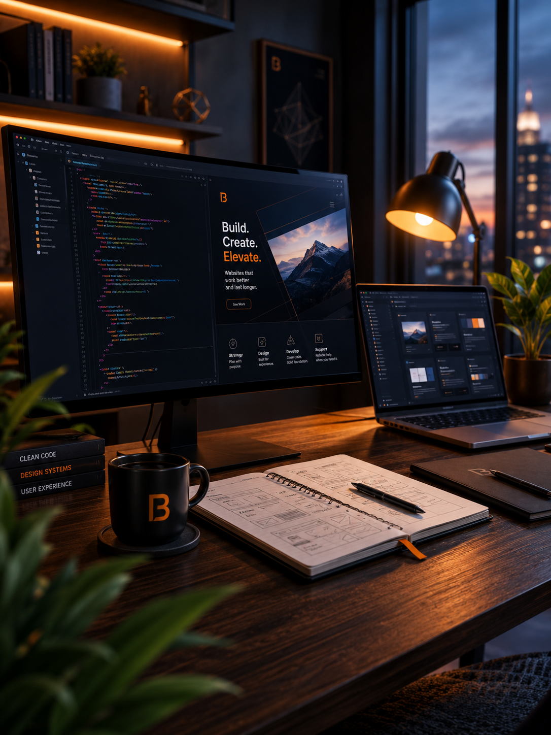 Developer workspace with code editor and website preview