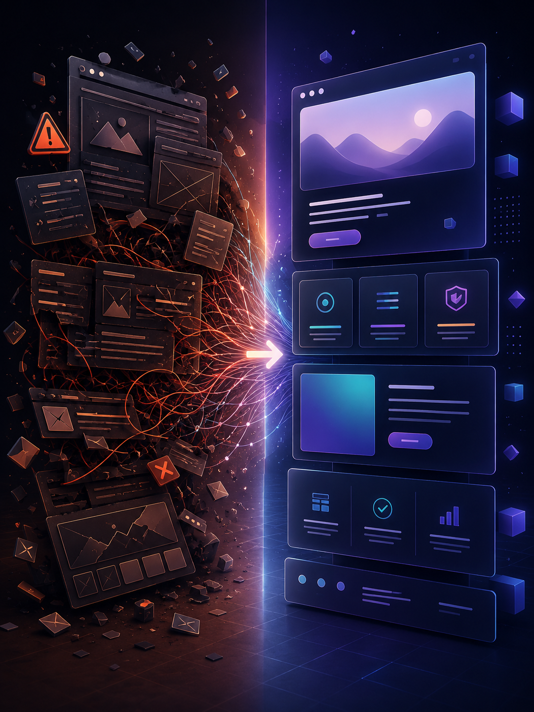 Abstract website rebuild concept showing messy structure becoming organized